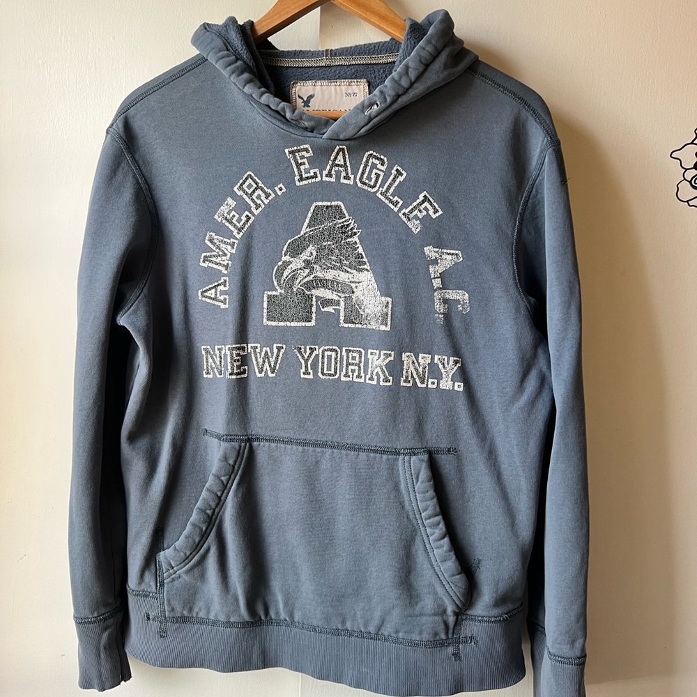 American Eagle Outfitters Men's Slate Hoodie Medium Blue Vintage 09